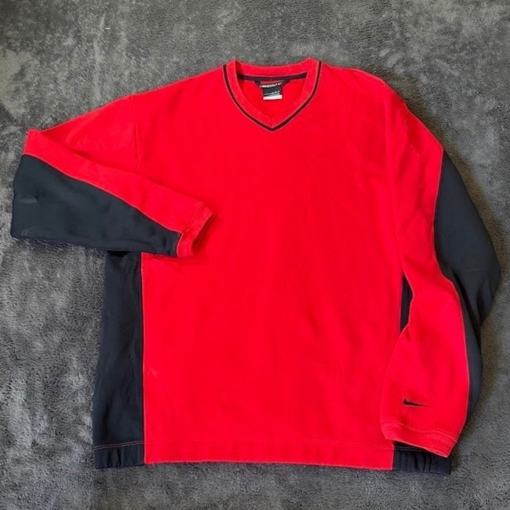 Nike Golf Therma-FIT Pullover Sweatshirt Mens Medium Red Black V-Neck Colorblock